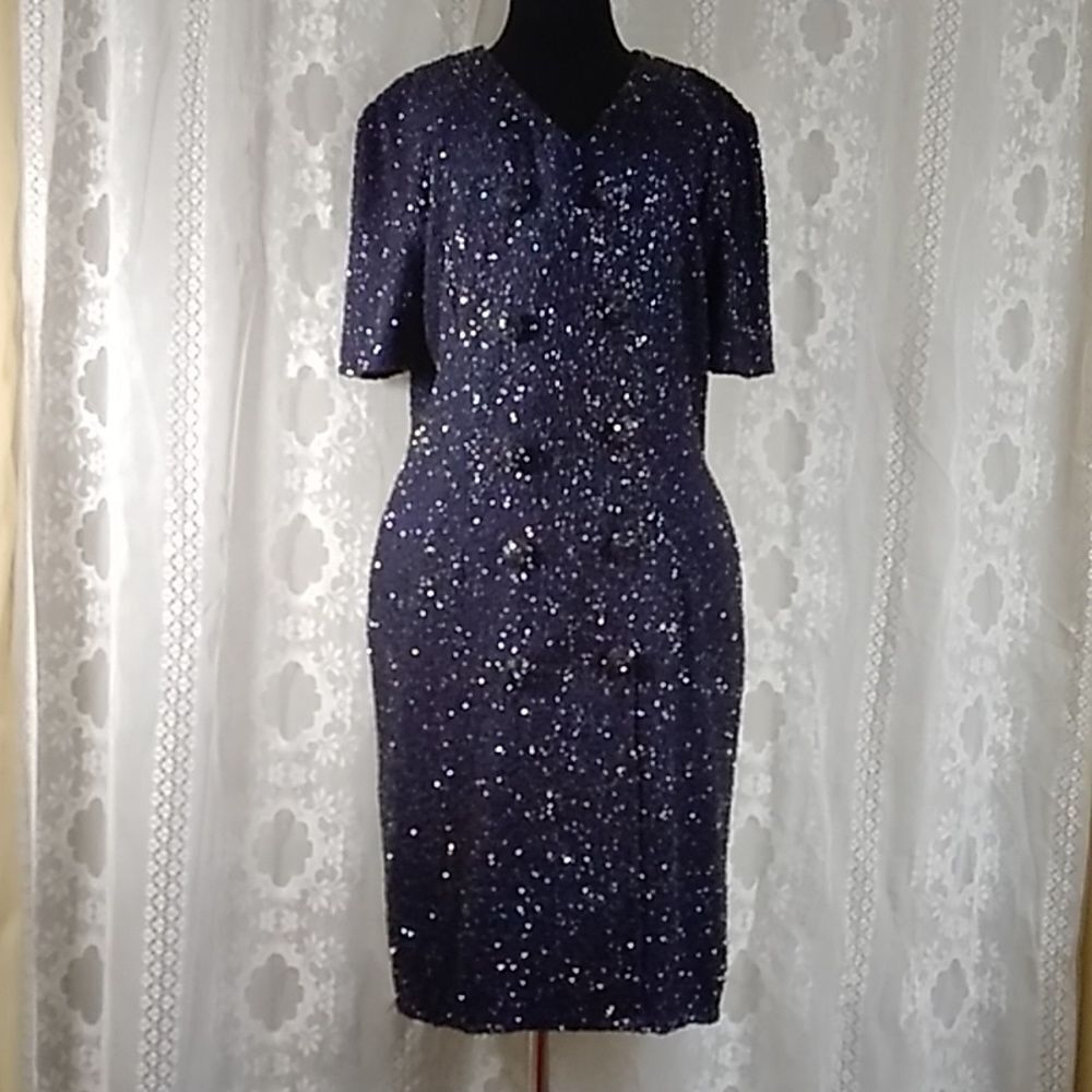 Vintage Laurence Kazar New York 100% Silk Sequin Blue Women's Dress Size XL